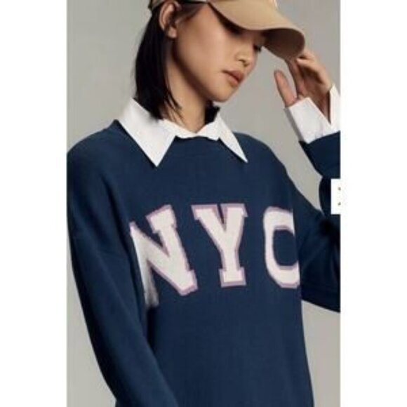 Maeve NYC Graphic Twofer Sweater Blouse Collar Cuff Blue/White Anthropologie XS - Picture 3 of 11